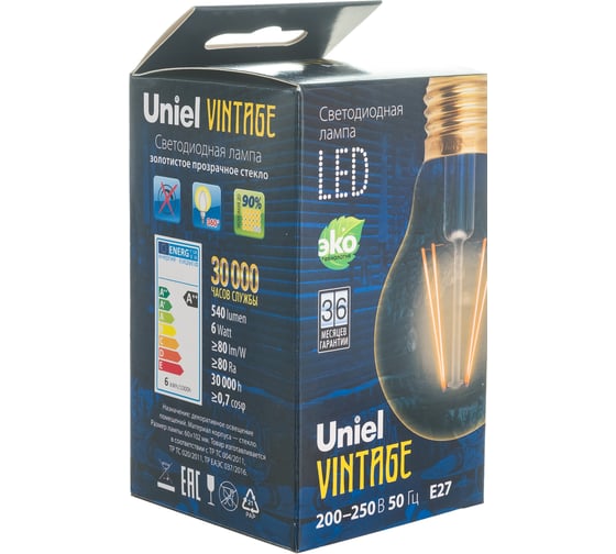 Светодиодная лампа Uniel GLV21GO Vintage. Форма A, золотистая колба LED-A60-6W/GOLDEN/E27 UL-00002355