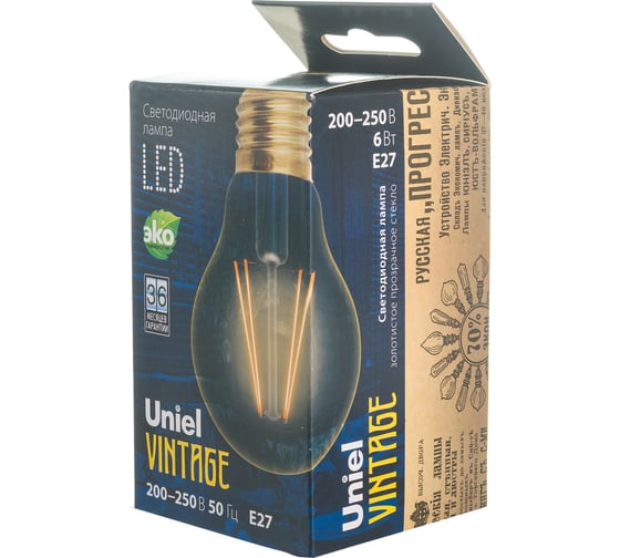 Светодиодная лампа Uniel GLV21GO Vintage. Форма A, золотистая колба LED-A60-6W/GOLDEN/E27 UL-00002355