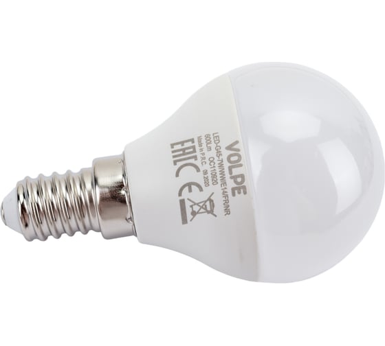 Светодиодная лампа Volpe. Форма шар, матовая. Серия Norma LED-G45-7W/WW/E14/FR/NR UL-00003820