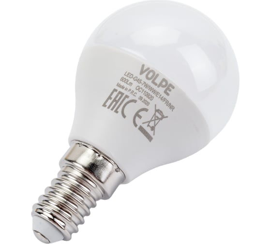 Светодиодная лампа Volpe. Форма шар, матовая. Серия Norma LED-G45-7W/WW/E14/FR/NR UL-00003820