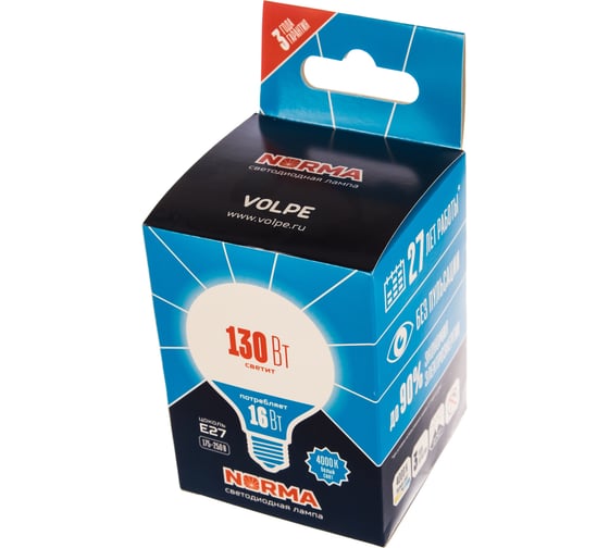Светодиодная лампа Volpe. Форма шар, матовая. Серия Norma LED-G95-16W/4000K/E27/FR/NR UL-00004874