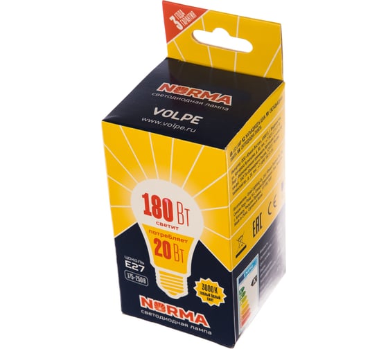 Светодиодная лампа Volpe. Форма A, матовая. Серия Norma LED-A65-20W/WW/E27/FR/NR UL-00004030