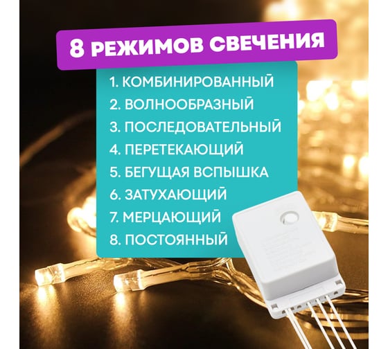Светодиодная гирлянда-нить Neon-Night 8 режимов, 10м, 100 LED, прозрачный провод, тёплый белый 303-063