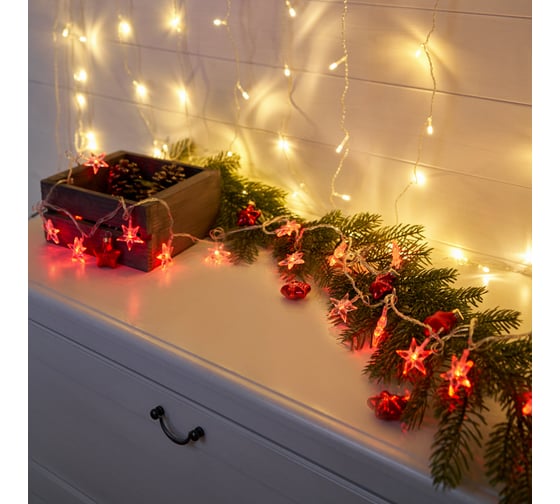 Светодиодная гирлянда NEON-NIGHT Звездочки 8 режимов, 2.8м, 20 LED, прозрачный провод, красный 303-034