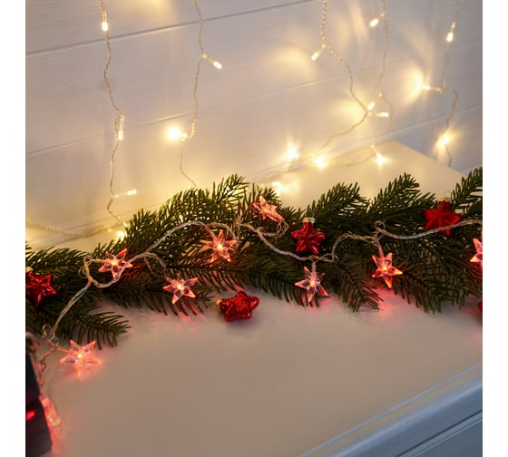 Светодиодная гирлянда NEON-NIGHT Звездочки 8 режимов, 2.8м, 20 LED, прозрачный провод, красный 303-034