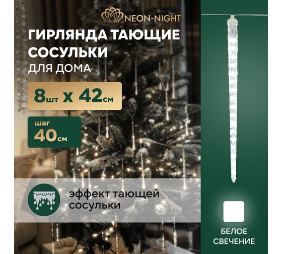 Гирлянда NEON-NIGHT Тающие сосульки 8 шт. х 42 см, 36x8 LED белый, не соединяются 256-415