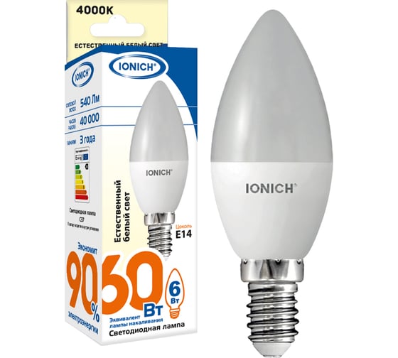 Светодиодная лампа IONICH декоративное освещение свеча ILED-SMD2835-C37-6-540-230-4-E14 0160 1529
