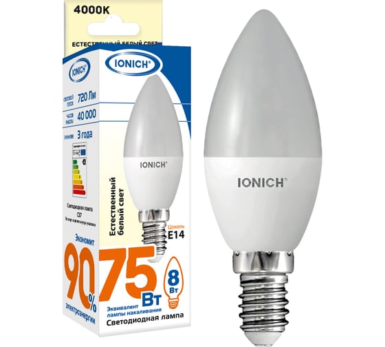 Светодиодная лампа IONICH декоративное освещение Свеча ILED-SMD2835-C37-8-720-230-4-E14 1300 1535