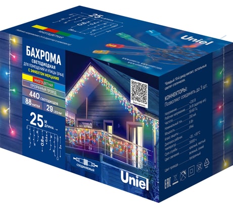 Светодиодная бахрома Uniel с эффектом мерцания, 25м. Соединяемая ULD-B25006-440/TTK MULTI IP44 UL-00010886