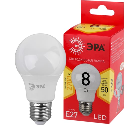 Светодиодная лампочка ЭРА red line led a55-8w-827-e27 r е27 / e27 8 вт груша теплый белый свет Б0052659