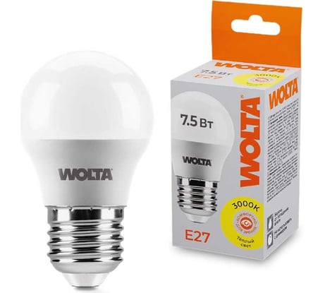 Светодиодная лампа Wolta Led7.5Вт шар, G45, 3000K Теплый белый свет, E27, GL 25Y45GL7.5E27