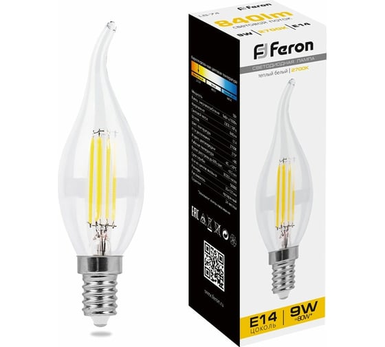 Светодиодная лампа FERON 9W 230V E14 2700K прозрачная, LB-74 25960 1