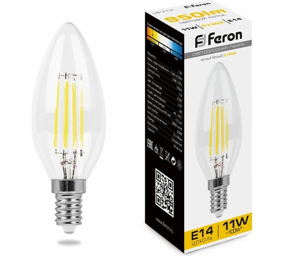 Светодиодная лампа FERON 11W 230V E14 2700K прозрачная, LB-713 38006