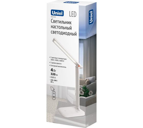 Настольный светильник Uniel Ulm-d607 4w/3000-6000k/dim white сенсорный выключатель. диммер. белый. tm UL-00010743