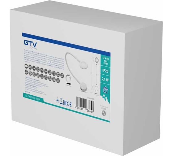 Светильник LED GTV CHICAGO с USB 5V/1A/2,1A, 12V2,1W, 16 LED нейтральный белый, провод 1,5 метра с mini amp, с диммером, белый LD-CHIC16NE-10DIM