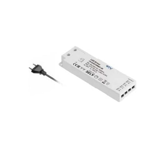 Блок питания GTV led slim easy click 12v, 30w, вход 220-240vac, ip20, размеры 160x50x18 мм, с mini amp и кабелем LD-ZAS30WEC-30