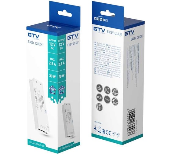 Блок питания GTV led slim easy click 12v, 30w, вход 220-240vac, ip20, размеры 160x50x18 мм, с mini amp и кабелем LD-ZAS30WEC-30