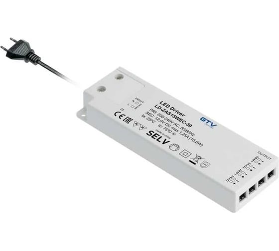 Блок питания GTV slim easy click 12v,15w, input 220-240vac, ip20, размер 129x42x16 мм, с mini amp и проводом 1,5 м LD-ZAS15WEC-30 1