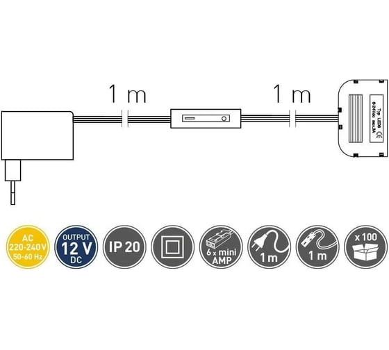 Блок питания для светодиодов GTV 220/12V 6W, IP20, с проводом, выключателем, распределителем LD-ZWND6W-10