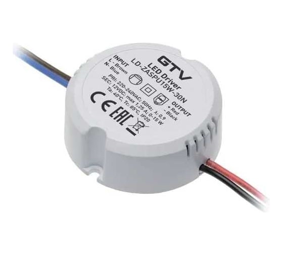 Блок питания для светодиодов GTV 220/12V 15W, IP20, размер 55х22 мм LD-ZASPU15W-30N