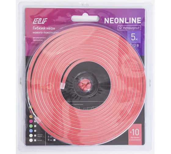 NeonLine ELF интерьерный, боковой изгиб, 12В, IP20, 6мм, 5м, красный