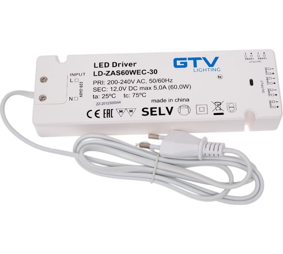 Блок питания для светодиодов GTV SLIM EASY CLICK 220/12V 60W IP20, с mini amp и проводом 1,5 м LD-ZAS60WEC-30