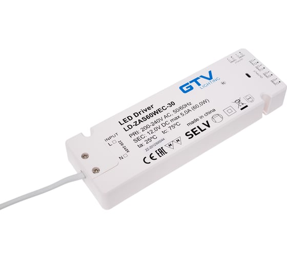 Блок питания для светодиодов GTV SLIM EASY CLICK 220/12V 60W IP20, с mini amp и проводом 1,5 м LD-ZAS60WEC-30