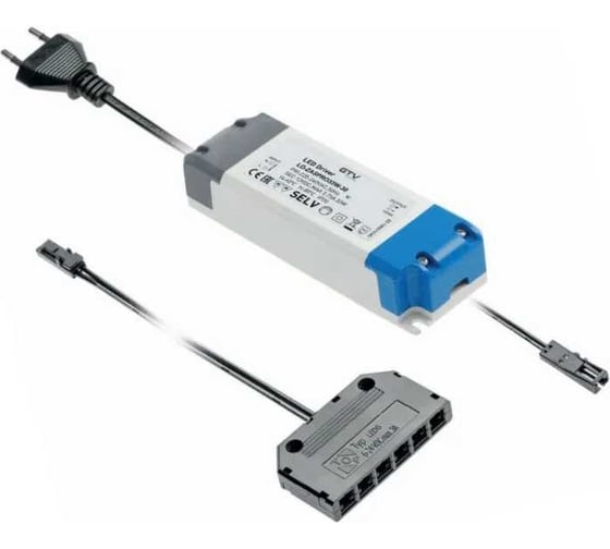 Блок питания для светодиодов GTV 220/12V 54W, IP20, 6хMINI АМР, с проводами и дистрибьютером LD-ZZAS54PROKD6 1