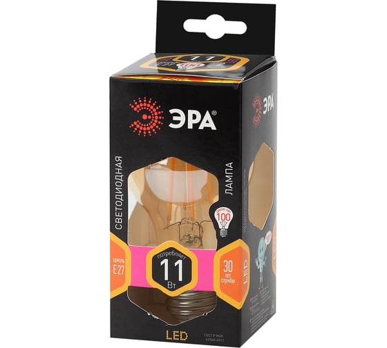 Светодиодная лампа ЭРА груша, филемент золотая F-LED A60-11W-827-E27 gold Б0035039