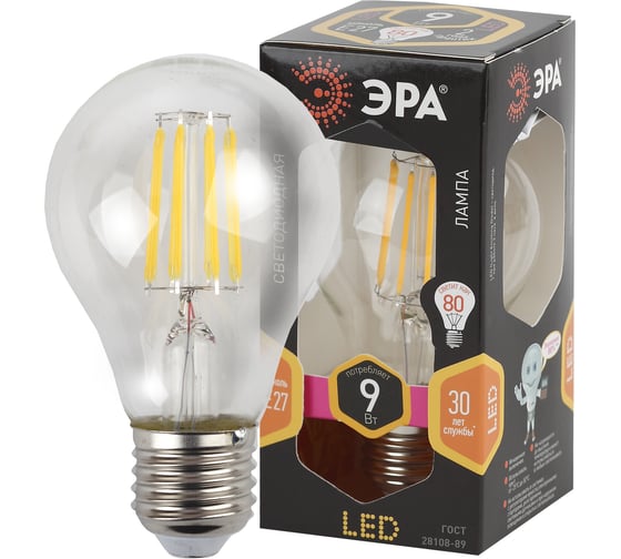 Филаментная лампа ЭРА F-LED A60-9W-827-E27 филамент, груша, 9Вт, тепл, Е27 Б0043433