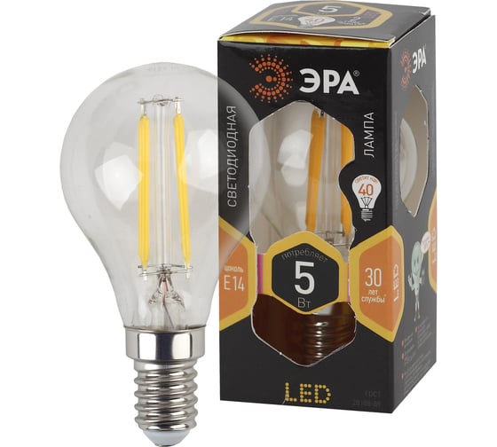 Филаментная лампа ЭРА F-LED P45-5W-827-E14 филамент, шар, 5Вт, E14 Б0043437