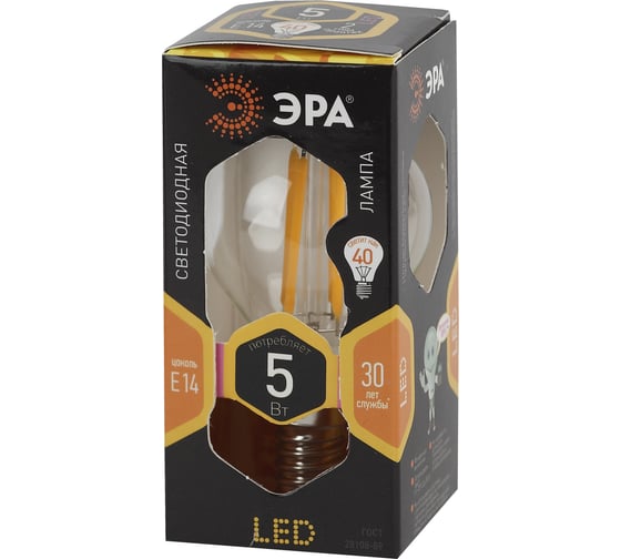 Филаментная лампа ЭРА F-LED P45-5W-827-E14 филамент, шар, 5Вт, E14 Б0043437