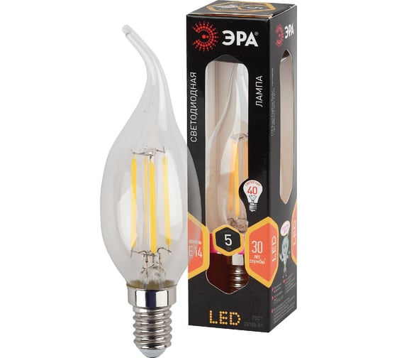 Филаментная лампа ЭРА F-LED BXS-5W-827-E14 филамент, свеча на ветру, 5Вт, E14 Б0043436