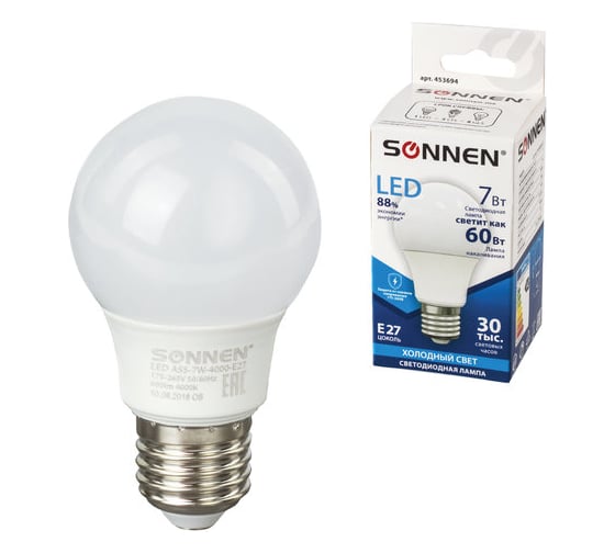 Светодиодная лампа SONNEN LED A55-7W-4000-E27, 453694
