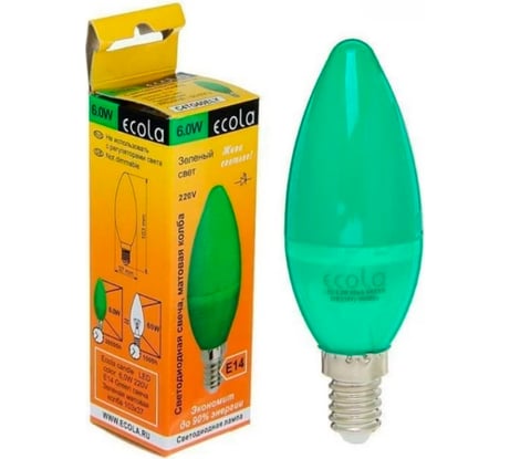 Светодиодная лампа Ecola Candle led color 6,0w, 220v, e14, green, свеча, зеленая, матовая, колба, 103x37 C4TG60ELY