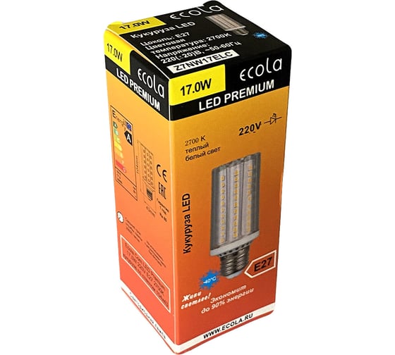 Светодиодная лампа Ecola Corn led premium 17,0w, 220v, e27, 2700k, кукуруза, со стеклом, 104x43 Z7NW17ELC