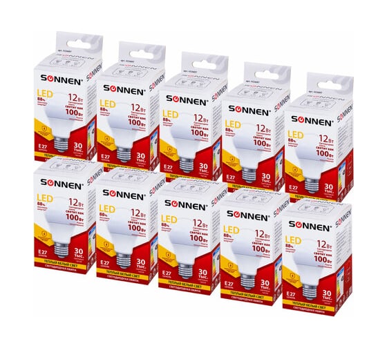 Лампы Led SONNEN Комплект 10 шт., 12 (100) Вт, цоколь Е27, груша, теплый белый свет, Led A60-12W-2700-E27 880795