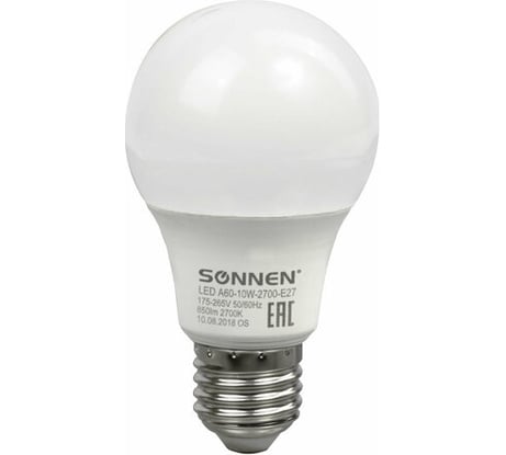 Лампы Led SONNEN Комплект 10 шт., 10 (85) Вт, цоколь Е27, груша, теплый белый свет, Led A60-10W-2700-E27 880793