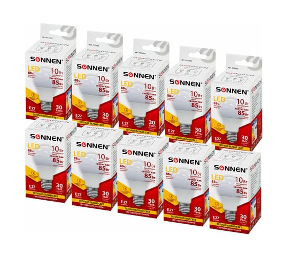 Лампы Led SONNEN Комплект 10 шт., 10 (85) Вт, цоколь Е27, груша, теплый белый свет, Led A60-10W-2700-E27 880793