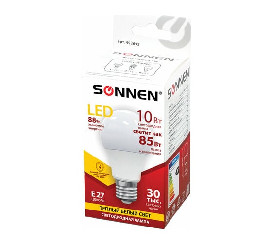 Лампы Led SONNEN Комплект 10 шт., 10 (85) Вт, цоколь Е27, груша, теплый белый свет, Led A60-10W-2700-E27 880793
