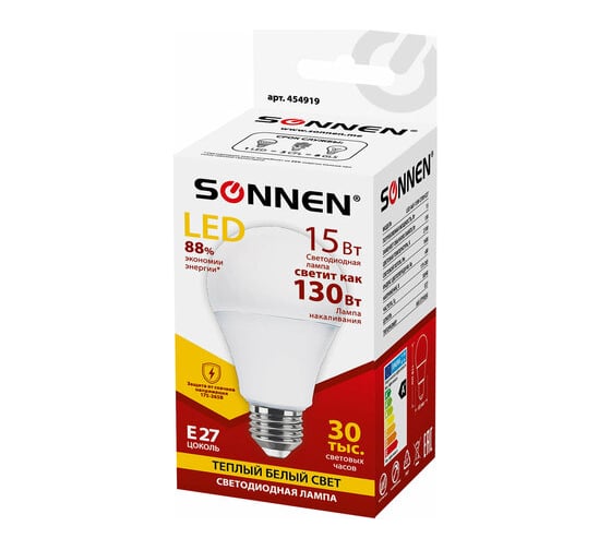 Лампы Led SONNEN Комплект 10 шт., 15 (130) Вт, цоколь Е27, груша, теплый белый свет, Led A65-15W-2700-E27 880797