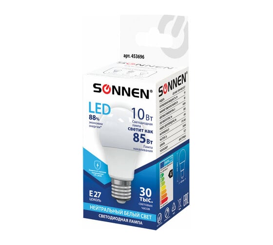 Лампы Led SONNEN Комплект 10 шт., 10 (85) Вт, цоколь Е27, груша, нейтральный белый свет, Led A60-10W-4000-E27 880794