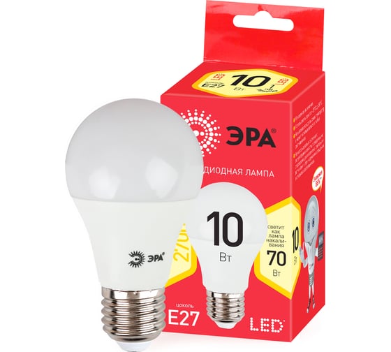 Светодиодная лампочка ЭРА red line eco led a60-10w-827-e27 e27 / е27 10вт груша теплый белый свет Б0028006
