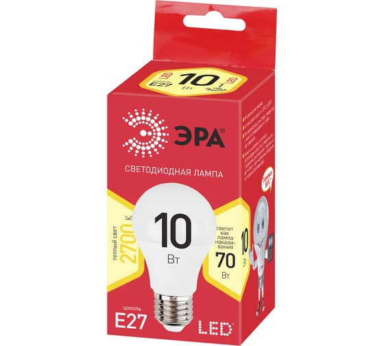 Светодиодная лампочка ЭРА red line eco led a60-10w-827-e27 e27 / е27 10вт груша теплый белый свет Б0028006