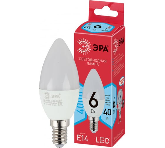 Светодиодная лампочка ЭРА red line eco led b35-6w-840-e14 e14 / е14 6вт свеча нейтральный белый свет Б0020619