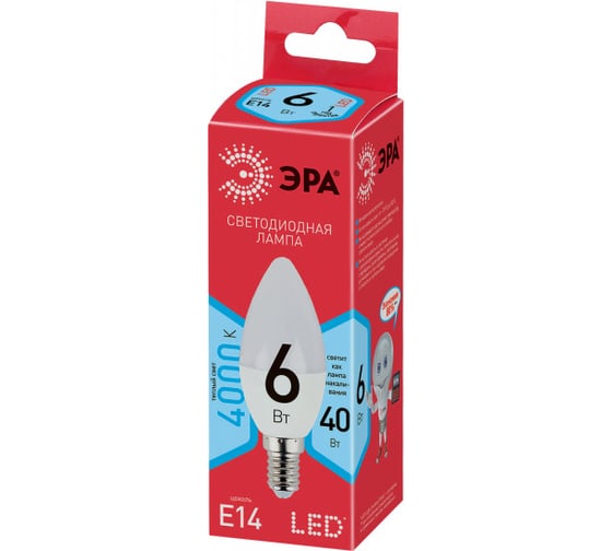 Светодиодная лампочка ЭРА red line eco led b35-6w-840-e14 e14 / е14 6вт свеча нейтральный белый свет Б0020619