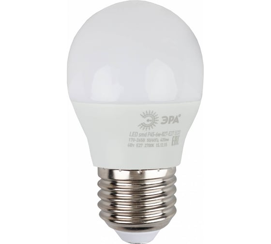 Светодиодная лампочка ЭРА RED LINE ECO LED P456W827E27 E27/Е27 6Вт шар теплый белый свет Б0020629