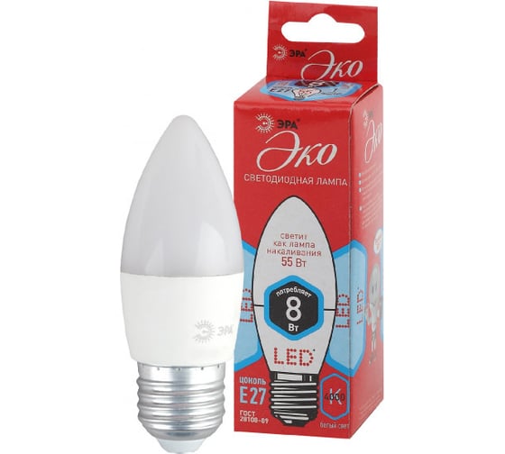 Светодиодная лампочка ЭРА RED LINE ECO LED B358W840E27 E27 / Е27 8Вт свеча нейтральный белый свет Б0030021