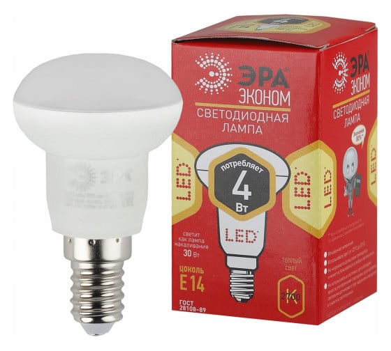Светодиодная лампочка ЭРА RED LINE ECO LED R394W827E14 Е14 / Е14 4Вт рефлектор теплый белый свет Б0020631