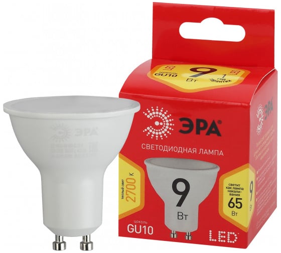 Светодиодная лампочка ЭРА RED LINE ECO LED MR169W827GU10 GU10 9Вт софит теплый белый свет Б0044088